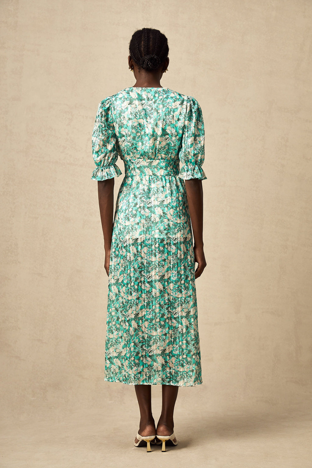 Alisa Yeşili Çiçek Desenli, Yırtmaçlı Midi Elbise