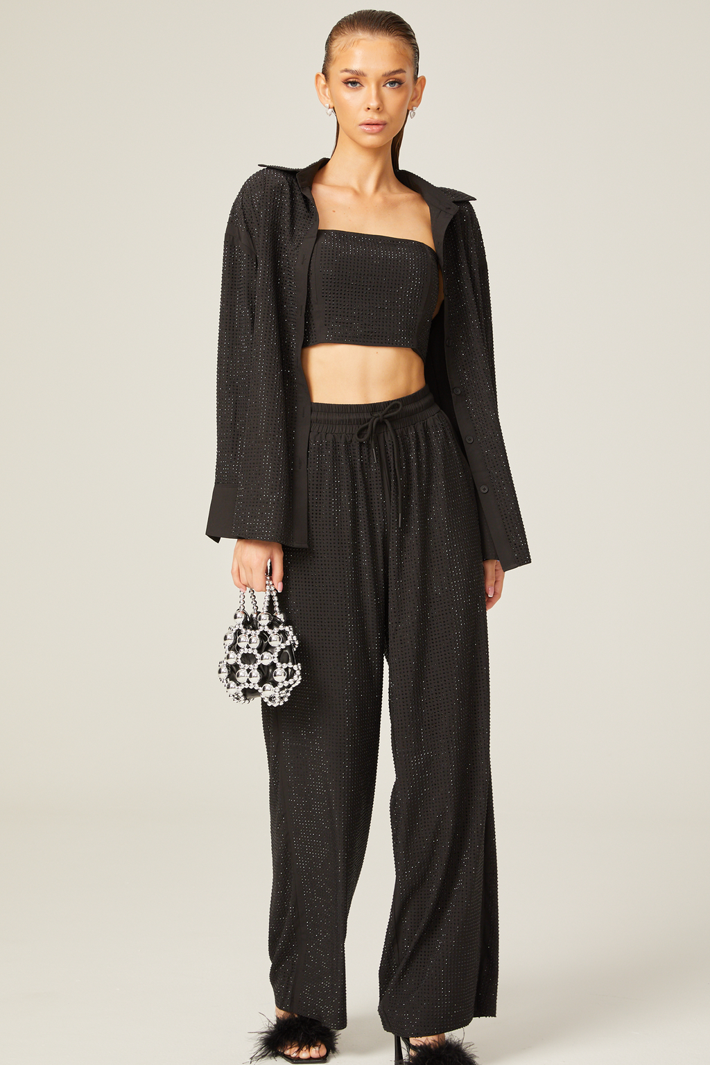 Ariane Yapay Elmaslarla Süslenmiş Gömlek Ve Üst Ve Pantolon Eşleştirme Seti