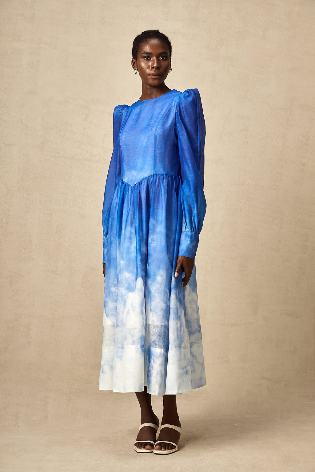 Adonia Mavi Degrade Pileli Midi Elbise