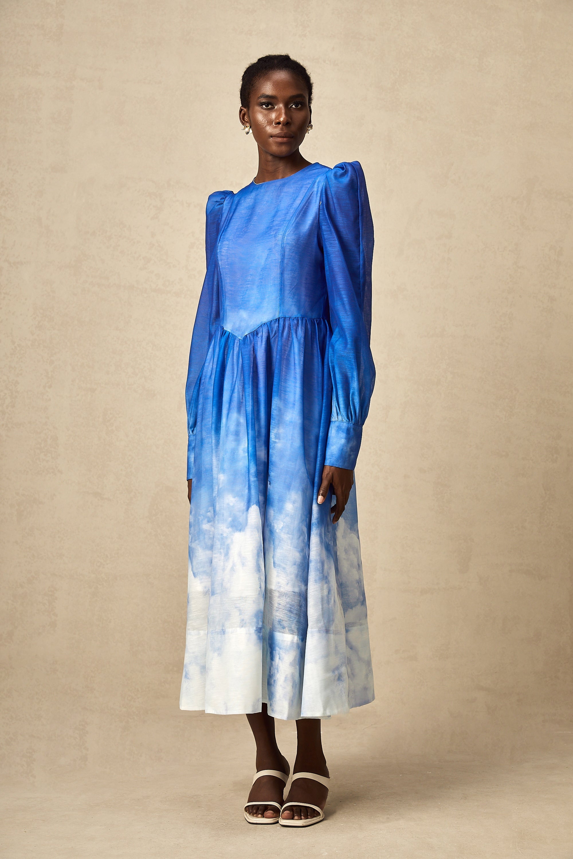 Adonia Mavi Degrade Pileli Midi Elbise