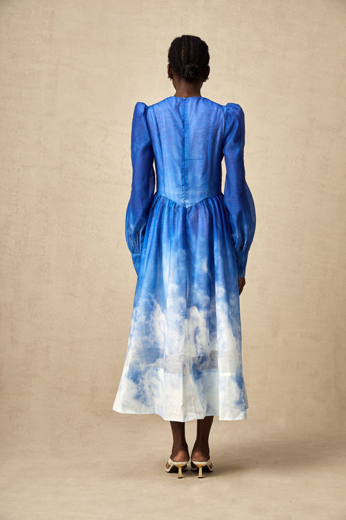 Adonia Mavi Degrade Pileli Midi Elbise