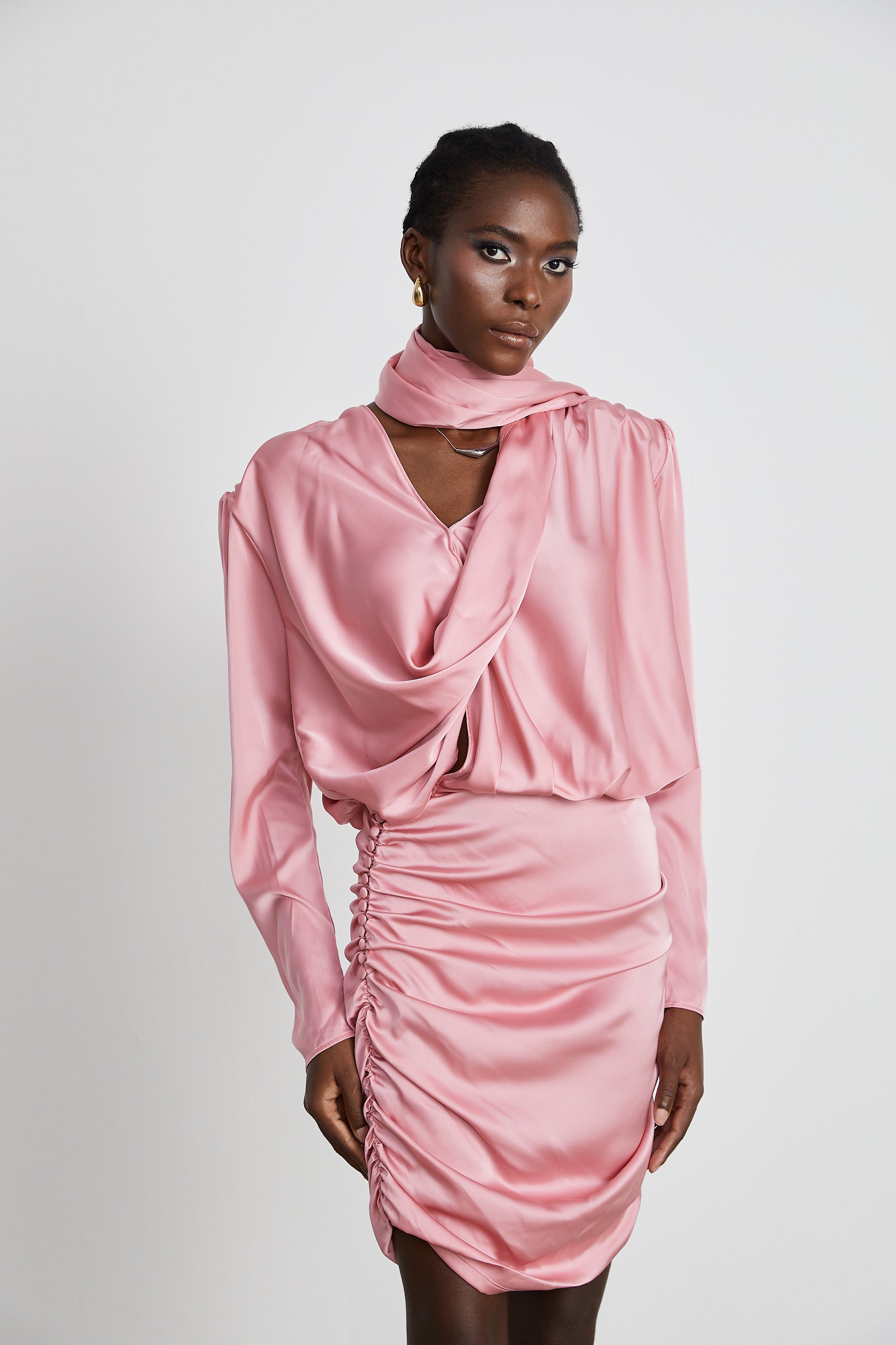 Aélis Dökümlü Dantelli Saten Mini Elbise