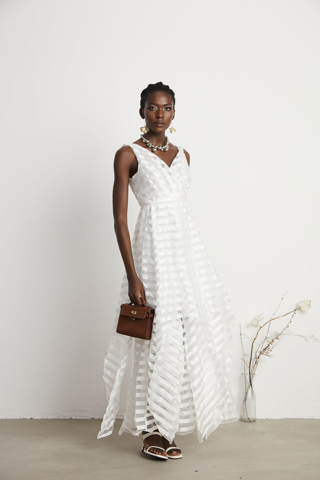 Aimée V Yaka Çizgili Tül Desenli Midi Elbise