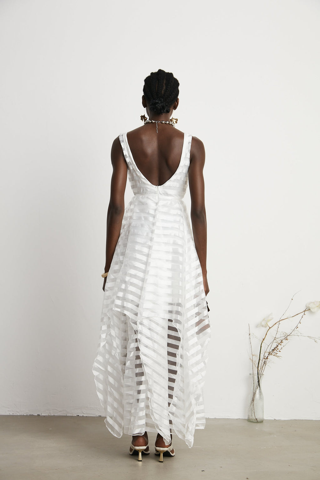 Aimée V Yaka Çizgili Tül Desenli Midi Elbise