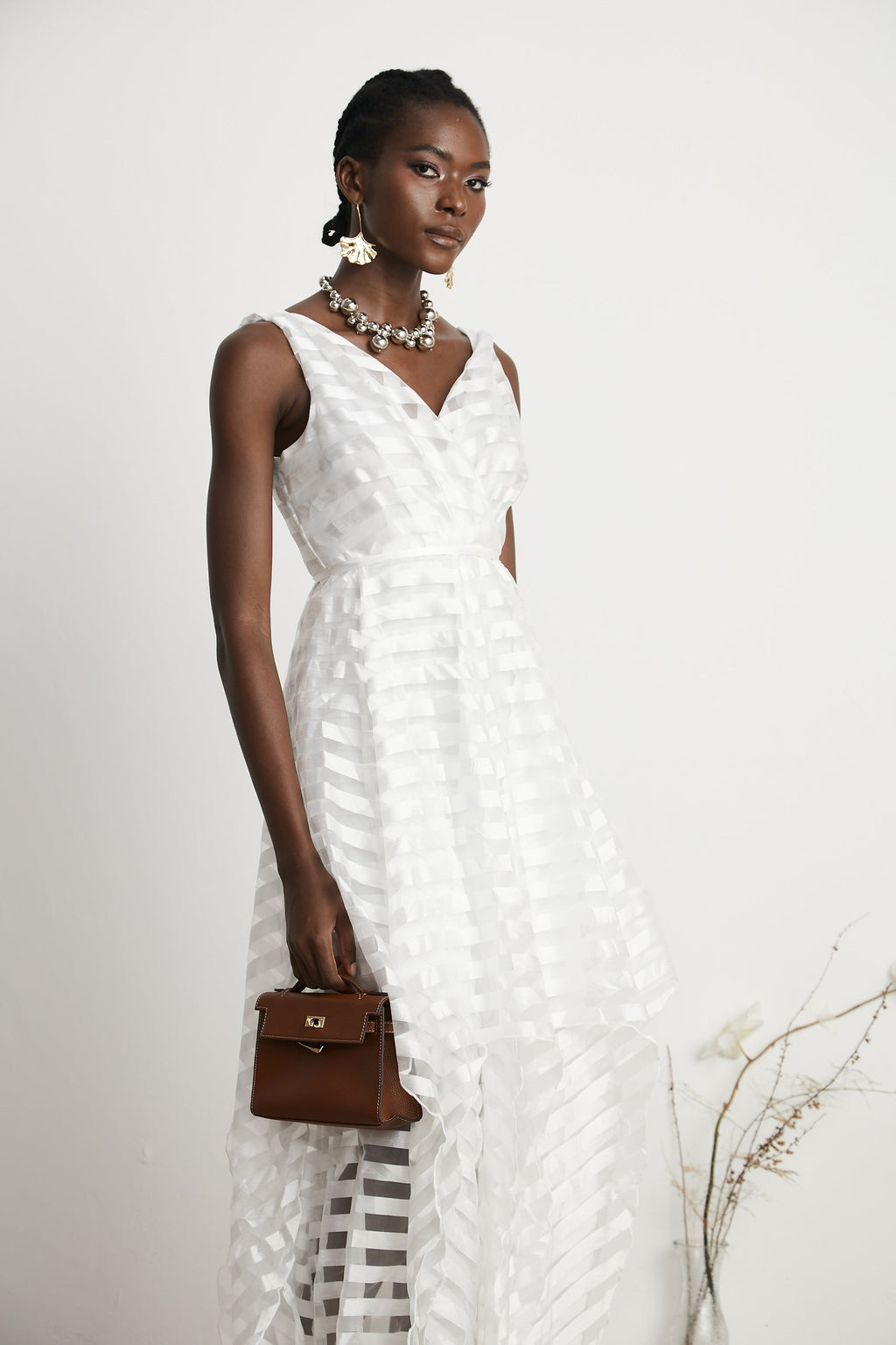 Aimée V Yaka Çizgili Tül Desenli Midi Elbise