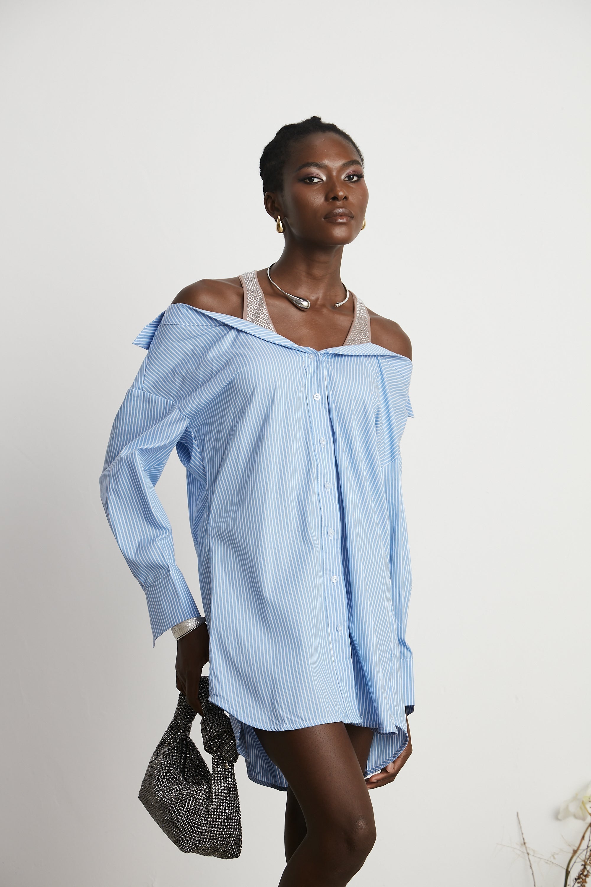 Agathe Katlı Çizgili Gömlek Elbise