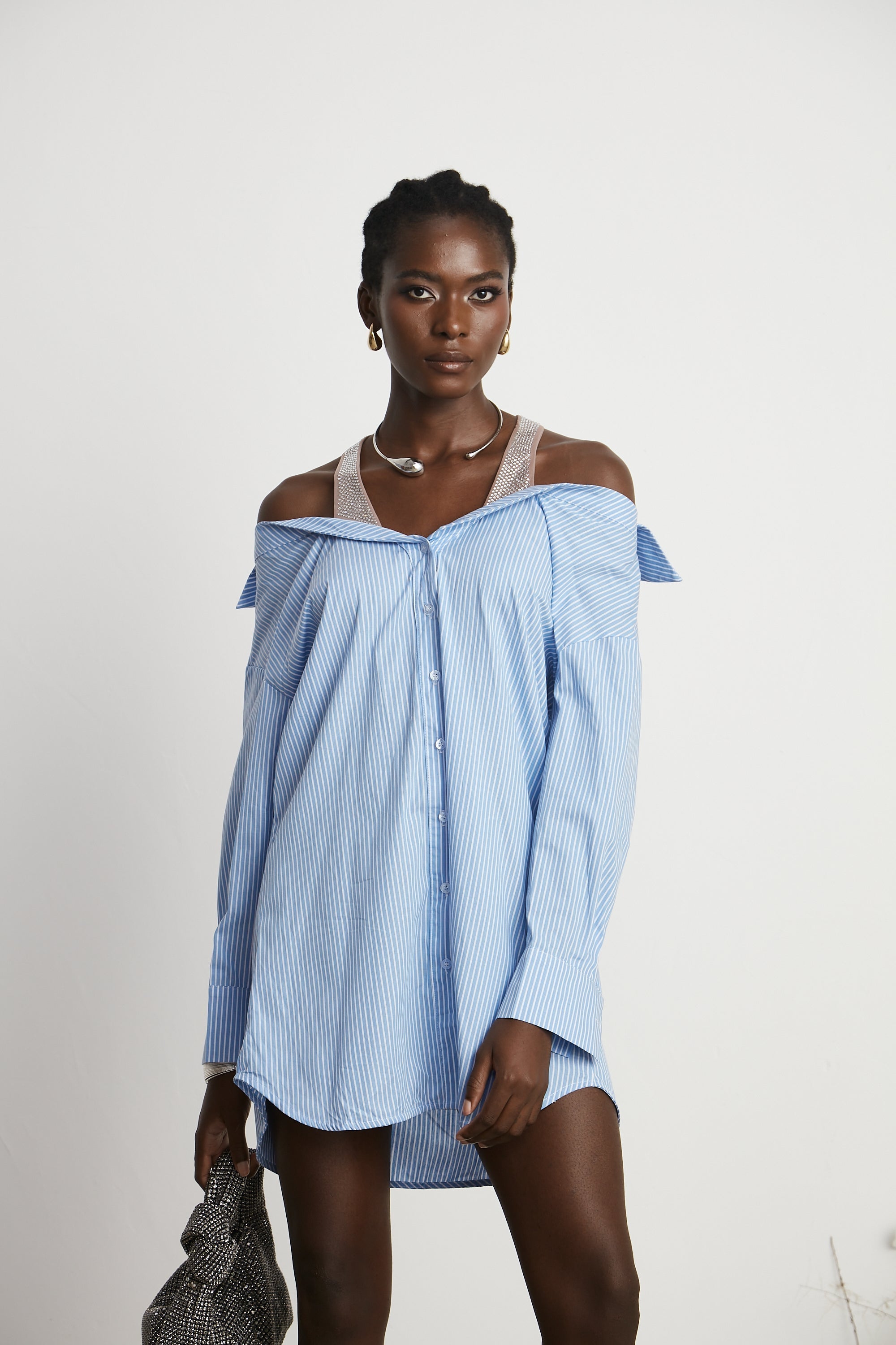 Agathe Katlı Çizgili Gömlek Elbise