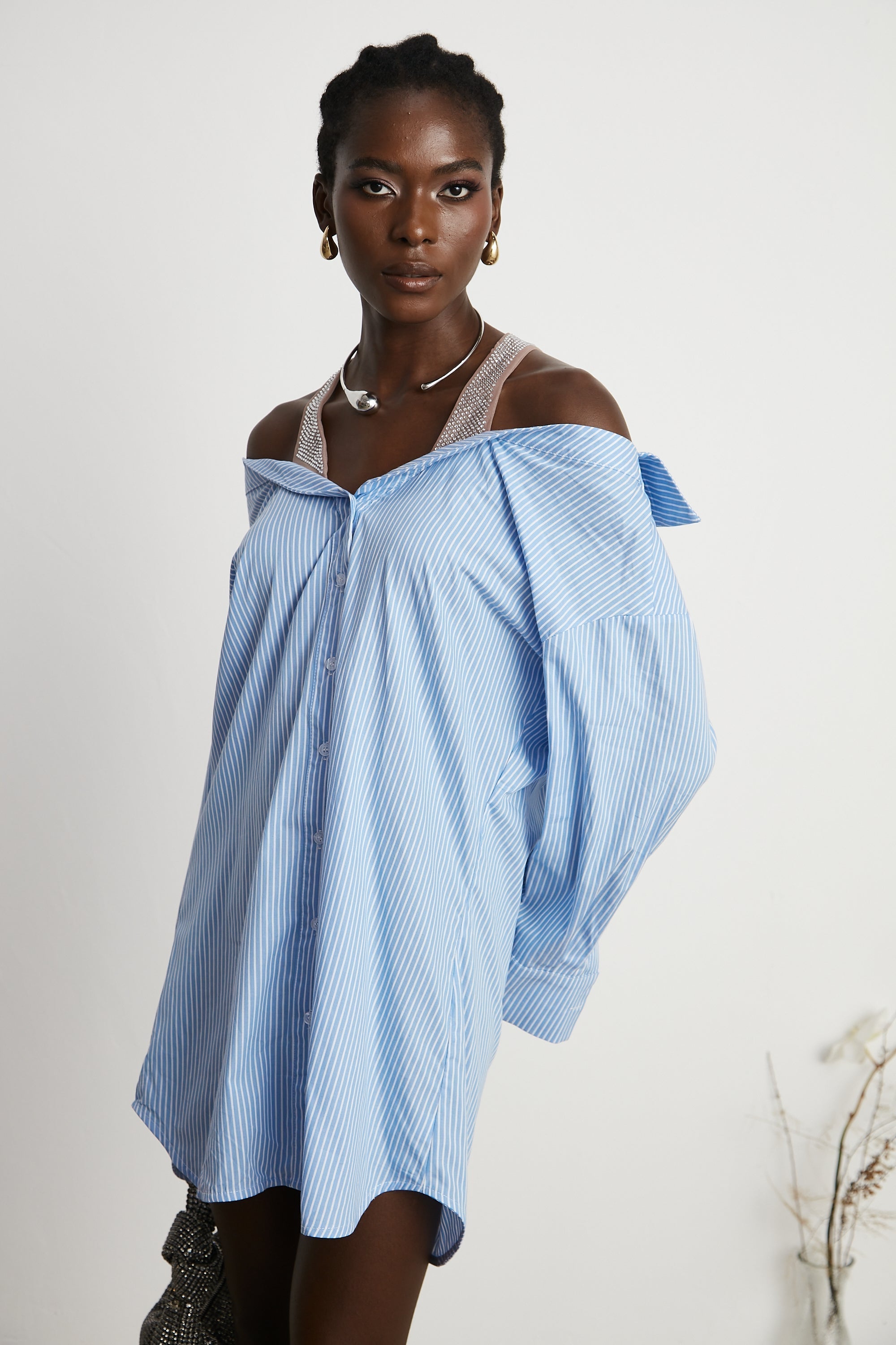 Agathe Katlı Çizgili Gömlek Elbise