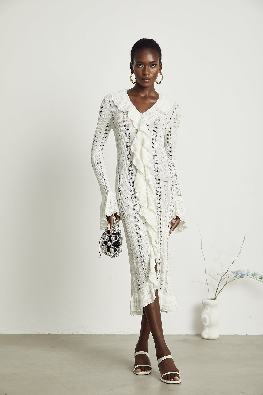 Alyssa Pointelle Örgü V Yaka Midi Elbise