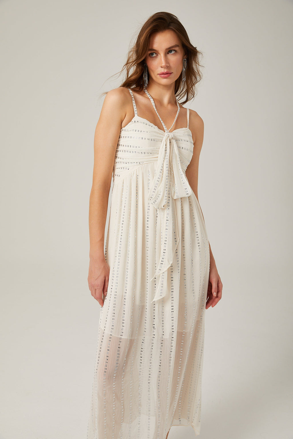 Adèle Beyaz Pilili Kristal Süslemeli Midi Elbise