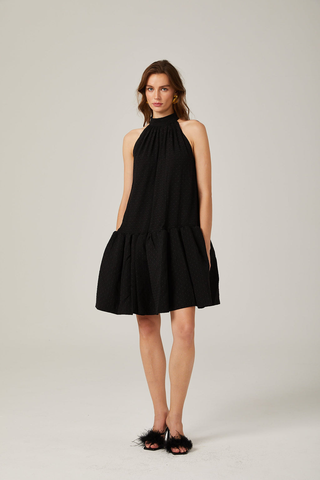 Aniya Siyah Puantiyeli Boyundan Bağlamalı Mini Elbise