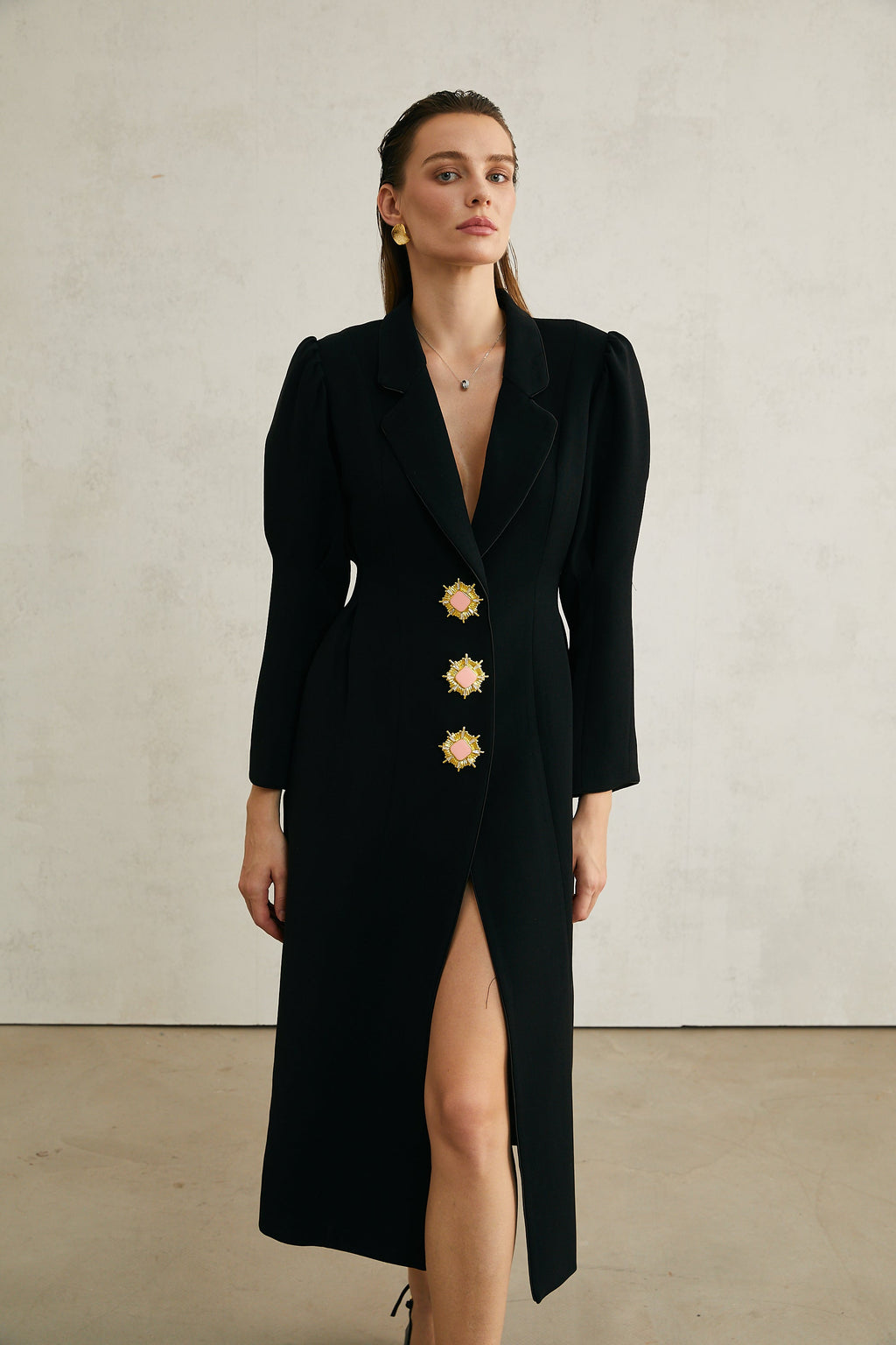 Aëlle Siyah Tek Sıra Düğmeli Uzun Kaban