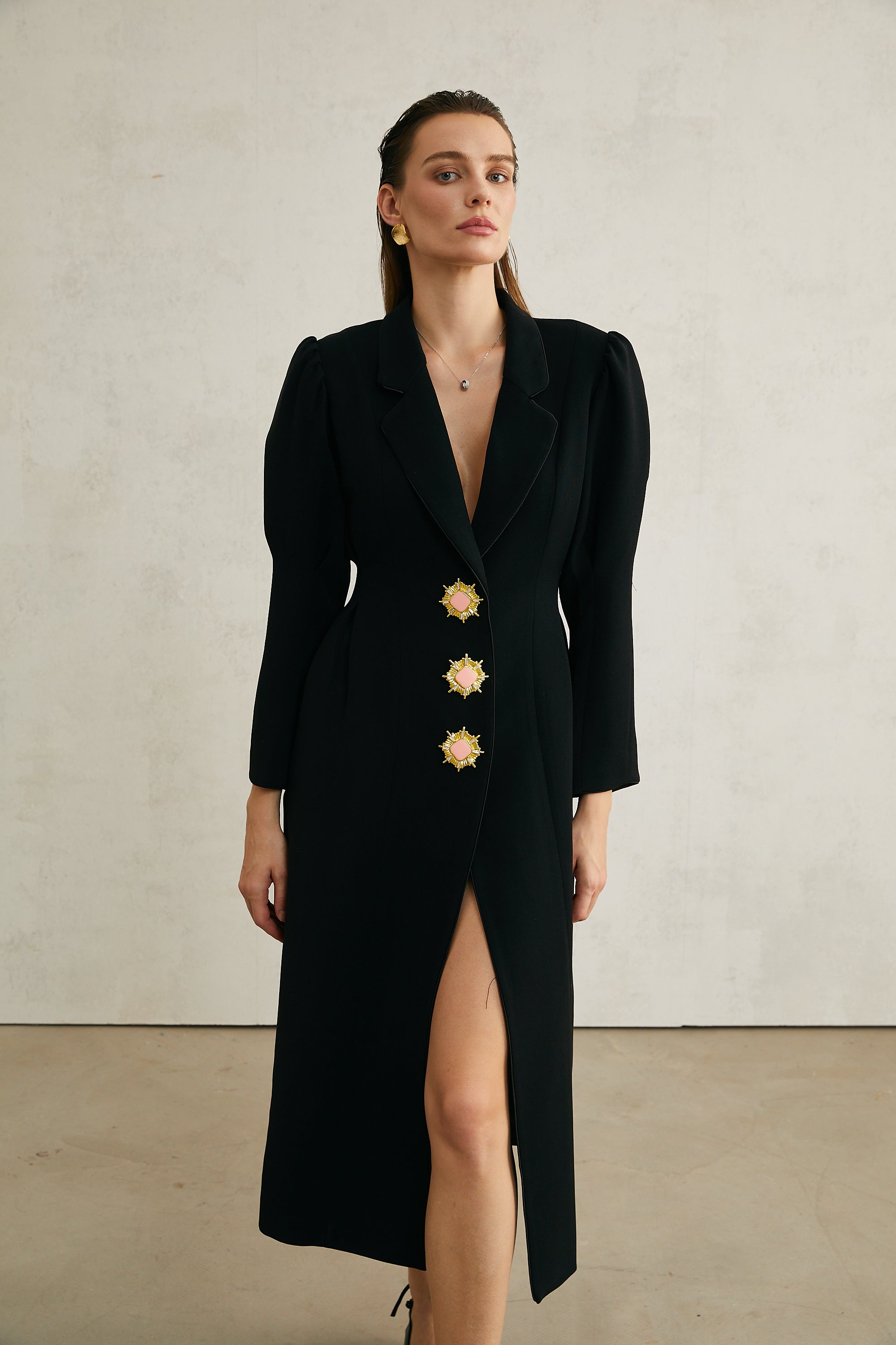 Aëlle Siyah Tek Sıra Düğmeli Uzun Kaban