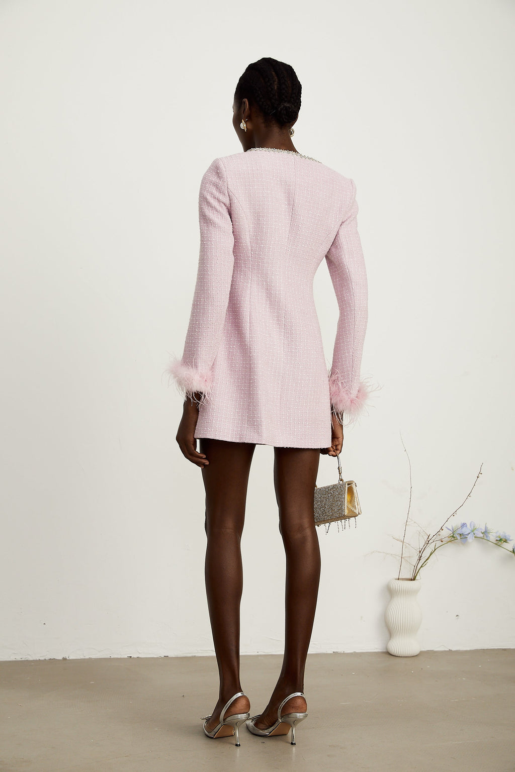 Adèleine Pembe Süslemeli Tüy Şeritli Mini Elbise