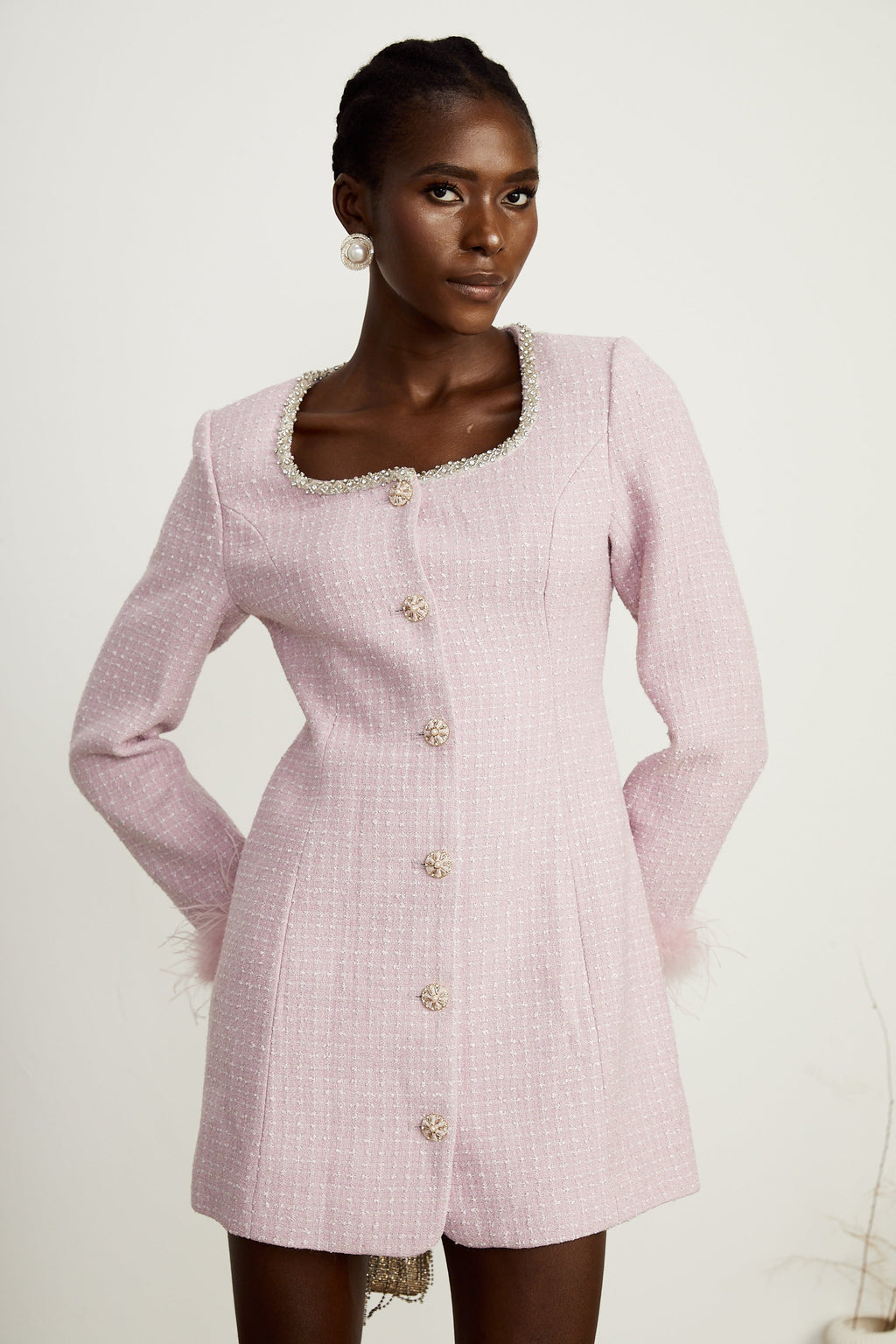 Adèleine Pembe Süslemeli Tüy Şeritli Mini Elbise