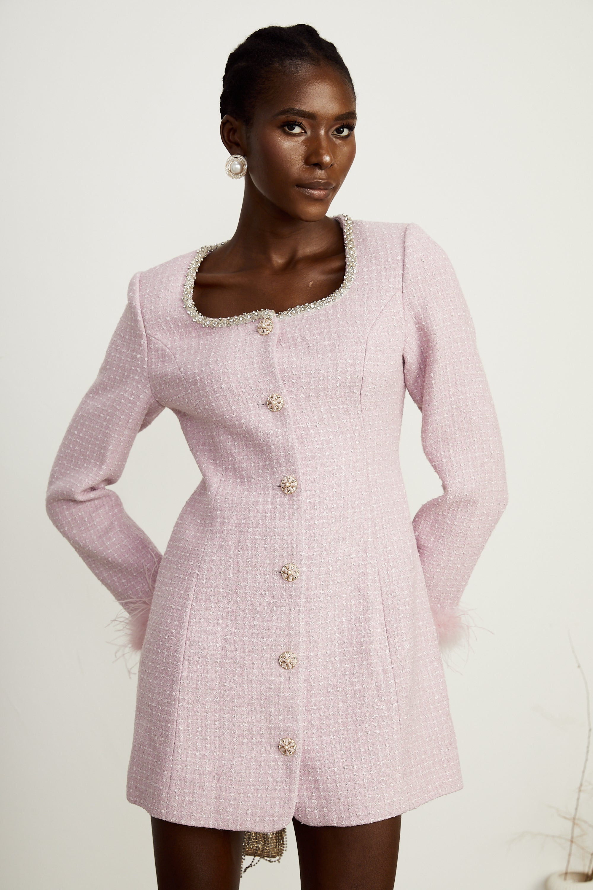 Adèleine Pembe Süslemeli Tüy Şeritli Mini Elbise