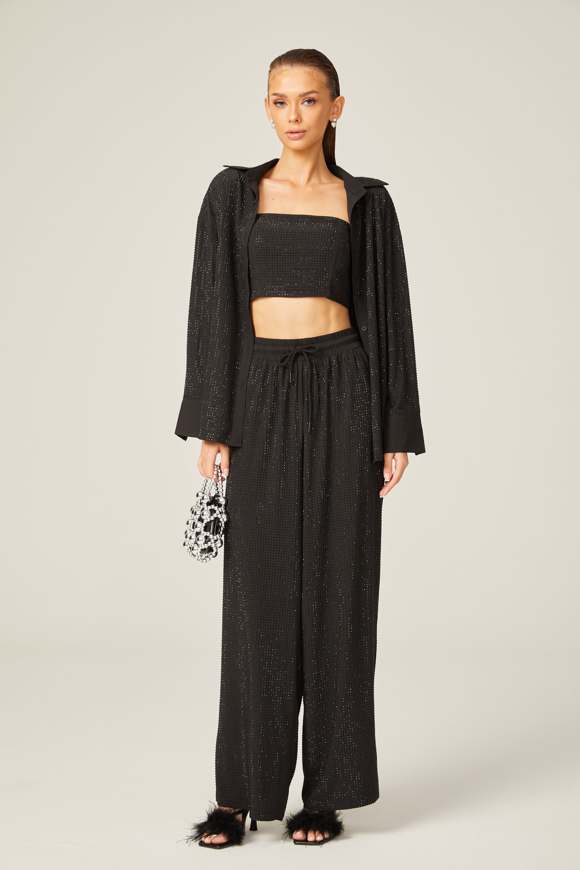 Ariane Yapay Elmaslarla Süslenmiş Gömlek Ve Üst Ve Pantolon Eşleştirme Seti