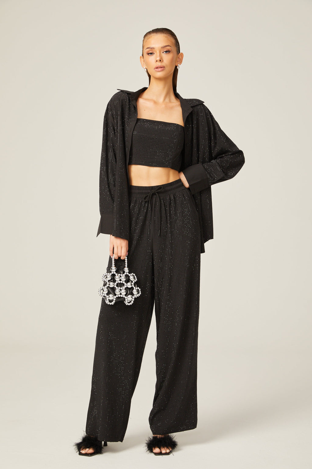 Ariane Yapay Elmaslarla Süslenmiş Gömlek Ve Üst Ve Pantolon Eşleştirme Seti