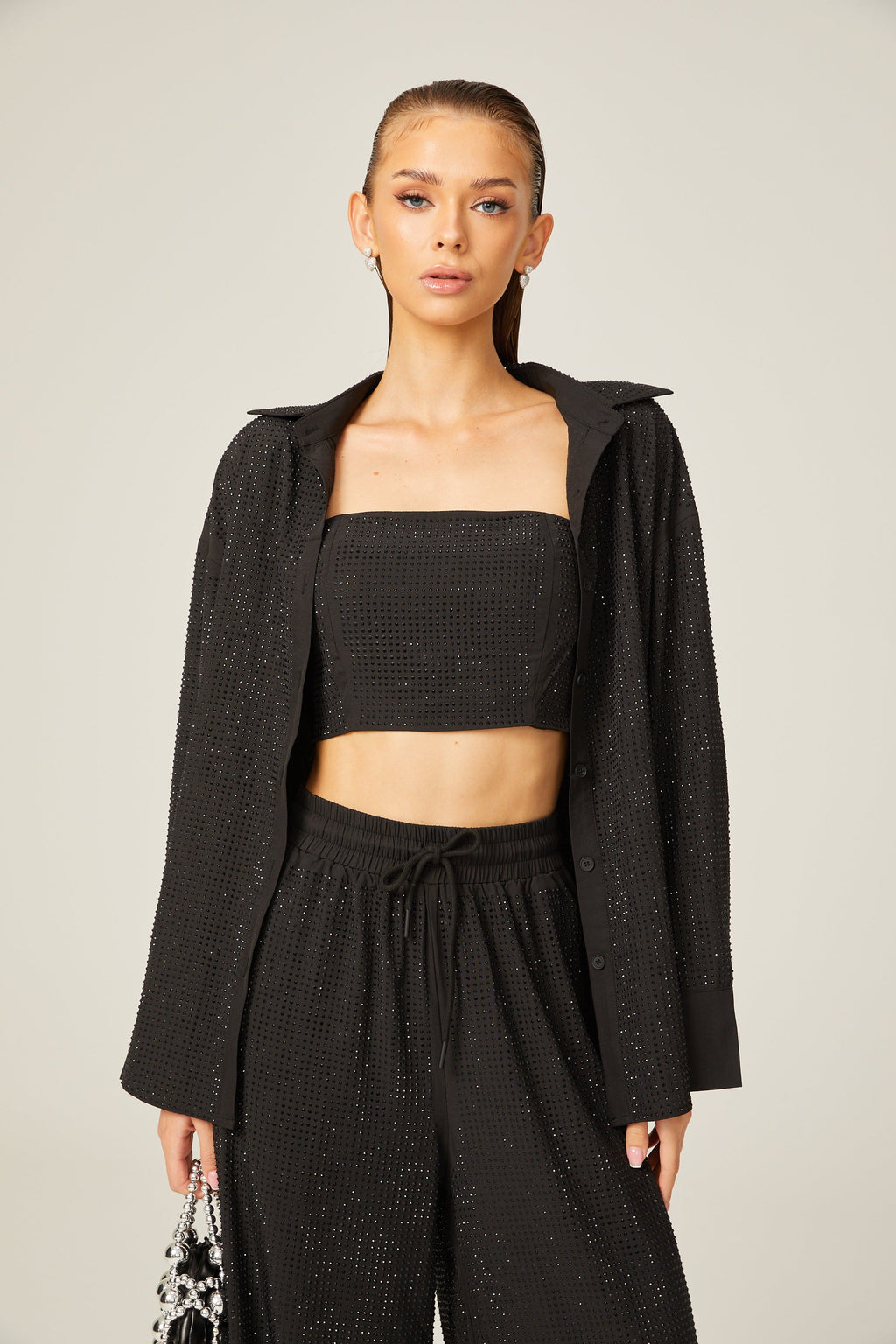 Ariane Yapay Elmaslarla Süslenmiş Gömlek Ve Üst Ve Pantolon Eşleştirme Seti