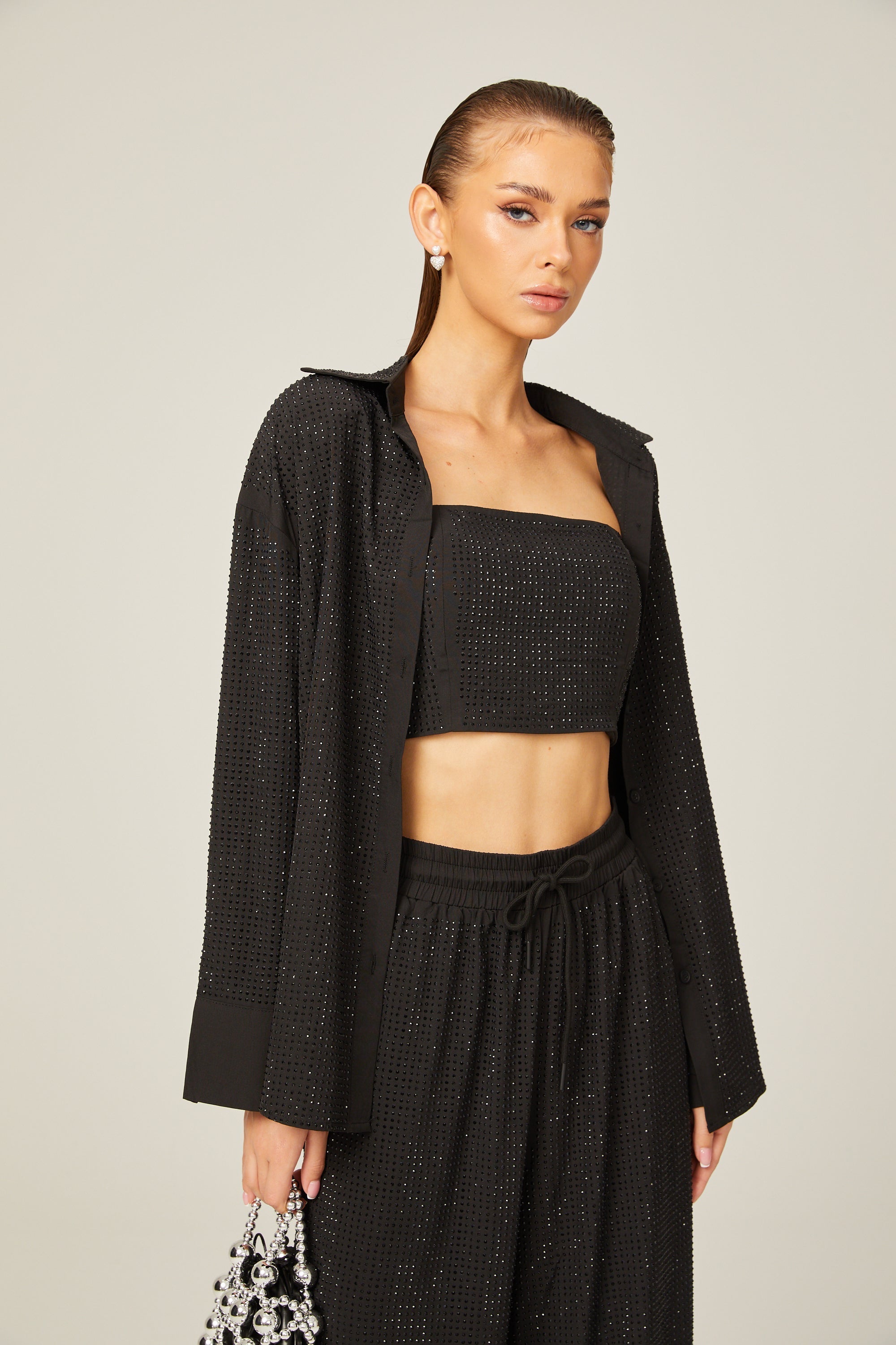 Ariane Yapay Elmaslarla Süslenmiş Gömlek Ve Üst Ve Pantolon Eşleştirme Seti