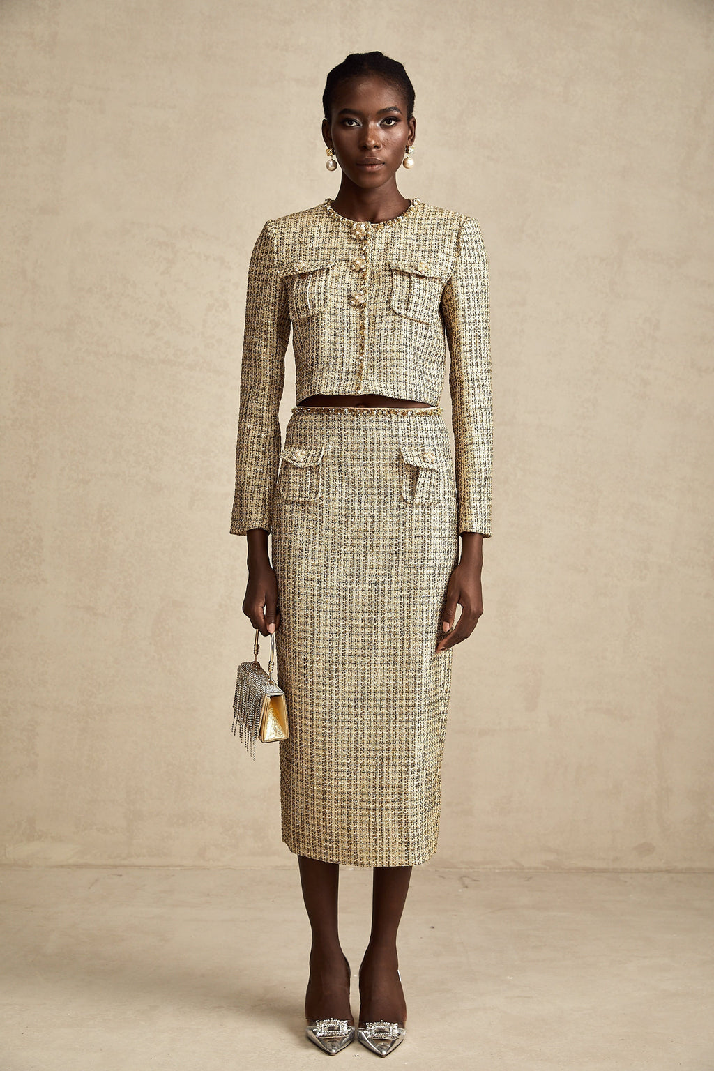 Aëlle Altın Rengi Tüvit Pullu Ceket Ve Etek Kombin Seti