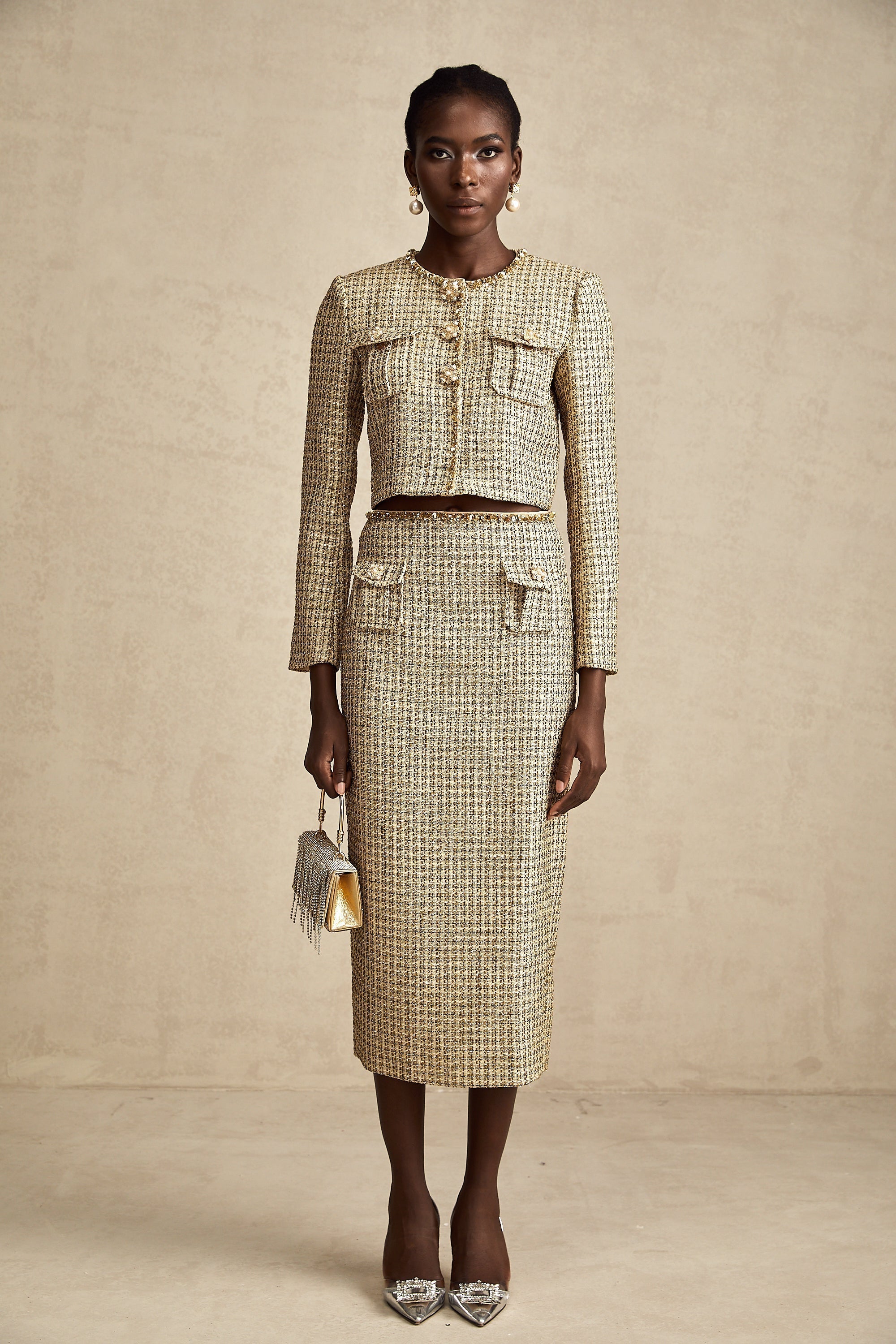 Aëlle Altın Rengi Tüvit Pullu Ceket Ve Etek Kombin Seti