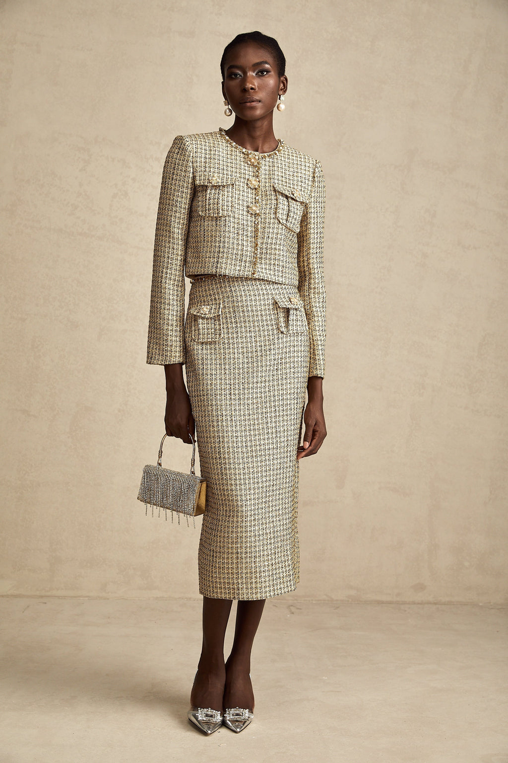 Aëlle Altın Rengi Tüvit Pullu Ceket Ve Etek Kombin Seti