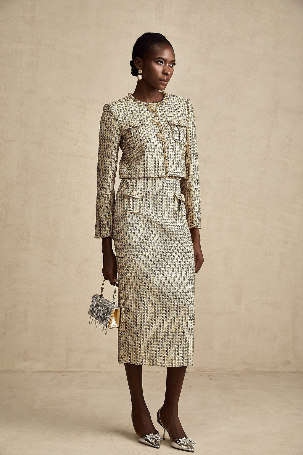 Aëlle Altın Rengi Tüvit Pullu Ceket Ve Etek Kombin Seti