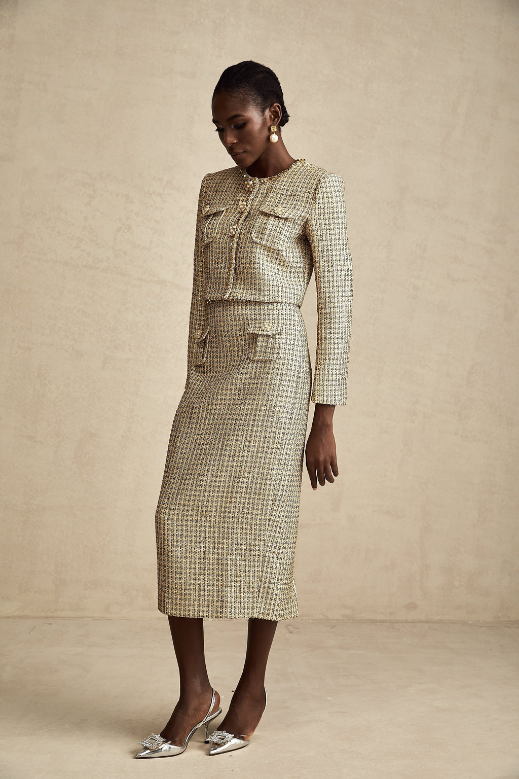 Aëlle Altın Rengi Tüvit Pullu Ceket Ve Etek Kombin Seti