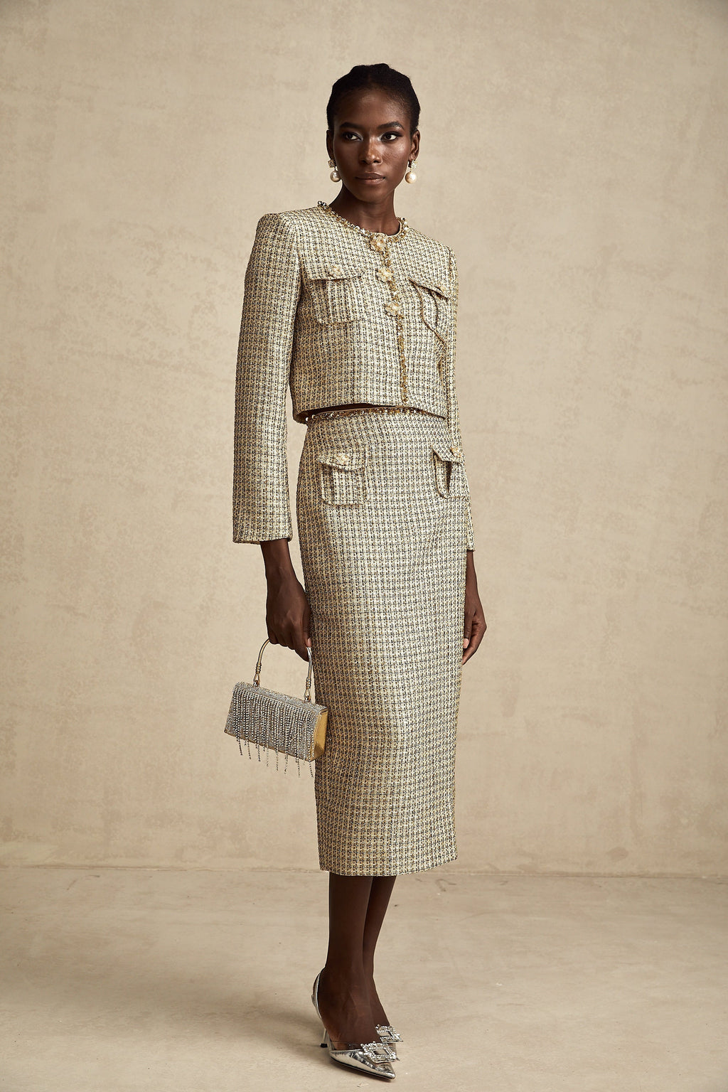 Aëlle Altın Rengi Tüvit Pullu Ceket Ve Etek Kombin Seti