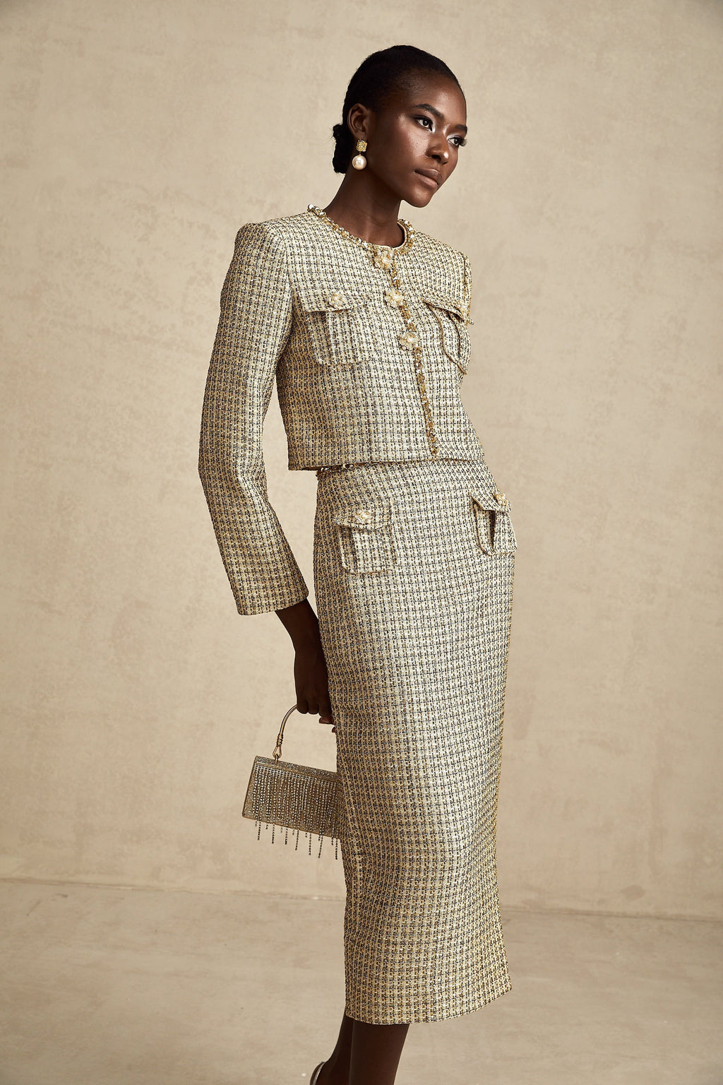 Aëlle Altın Rengi Tüvit Pullu Ceket Ve Etek Kombin Seti