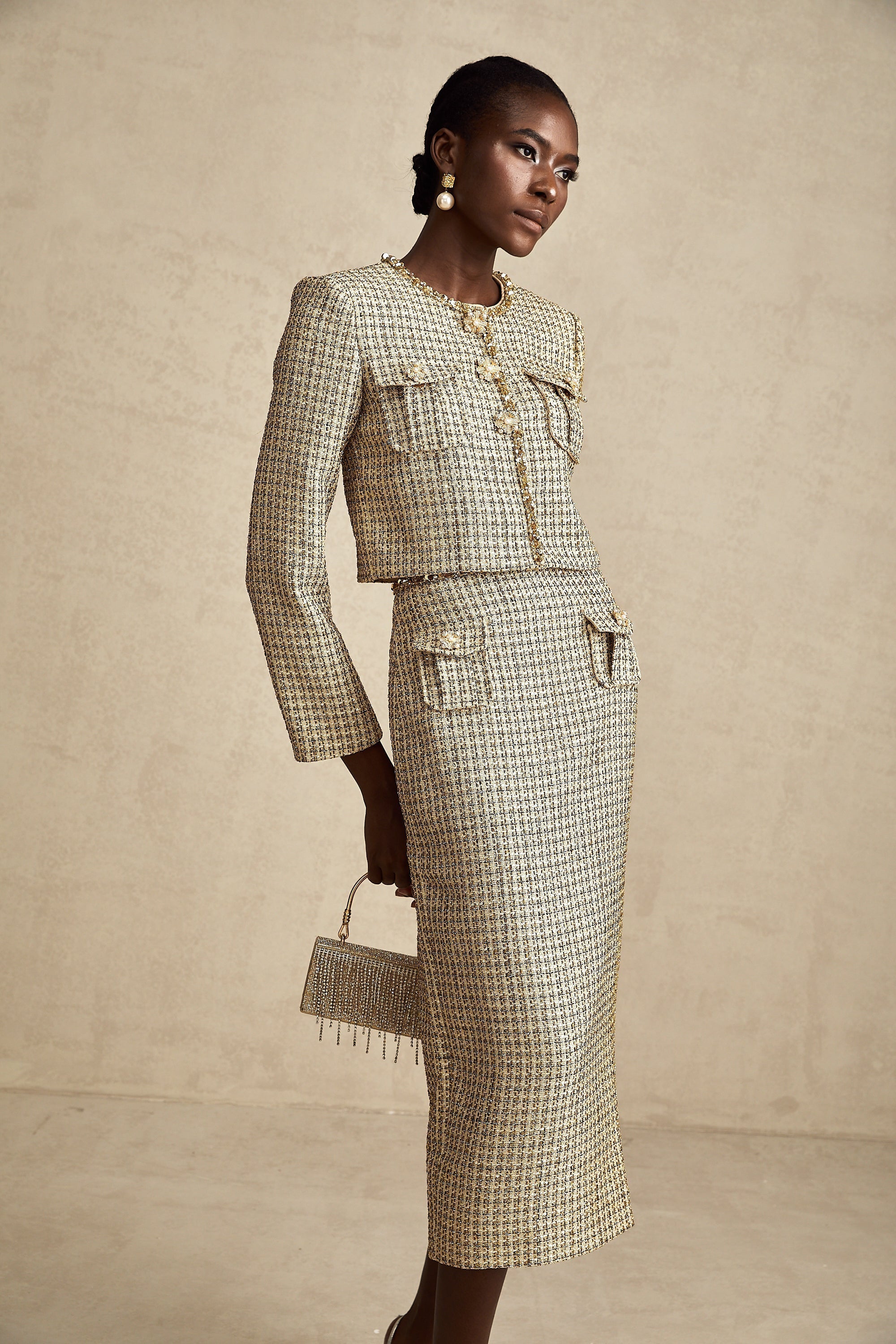 Aëlle Altın Rengi Tüvit Pullu Ceket Ve Etek Kombin Seti