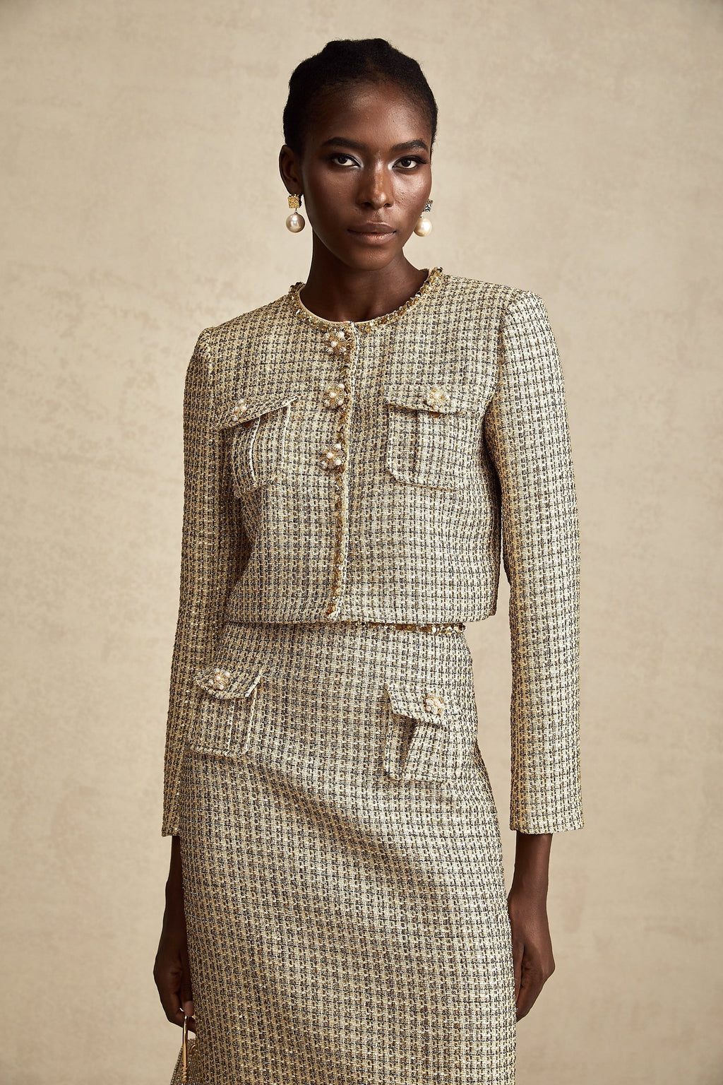 Aëlle Altın Rengi Tüvit Pullu Ceket Ve Etek Kombin Seti