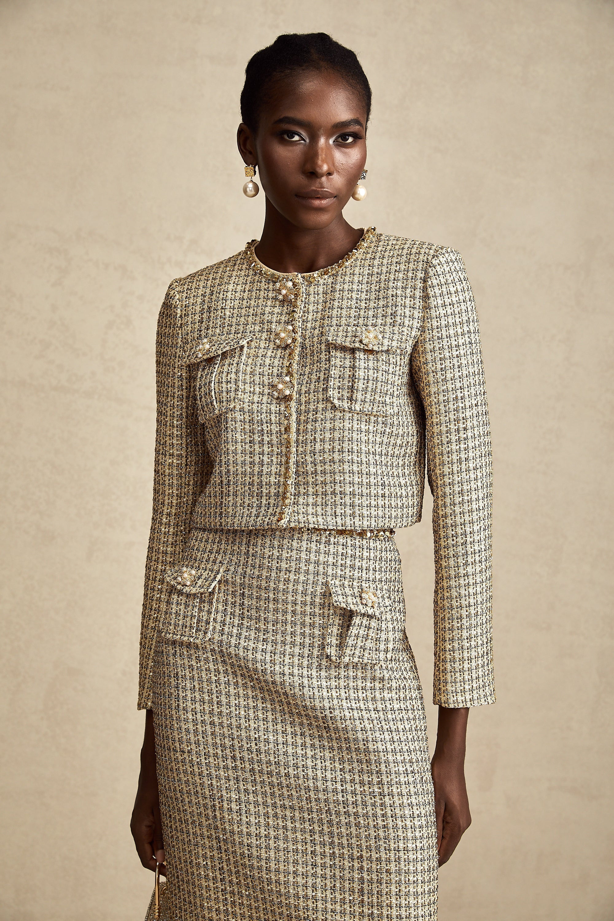 Aëlle Altın Rengi Tüvit Pullu Ceket Ve Etek Kombin Seti