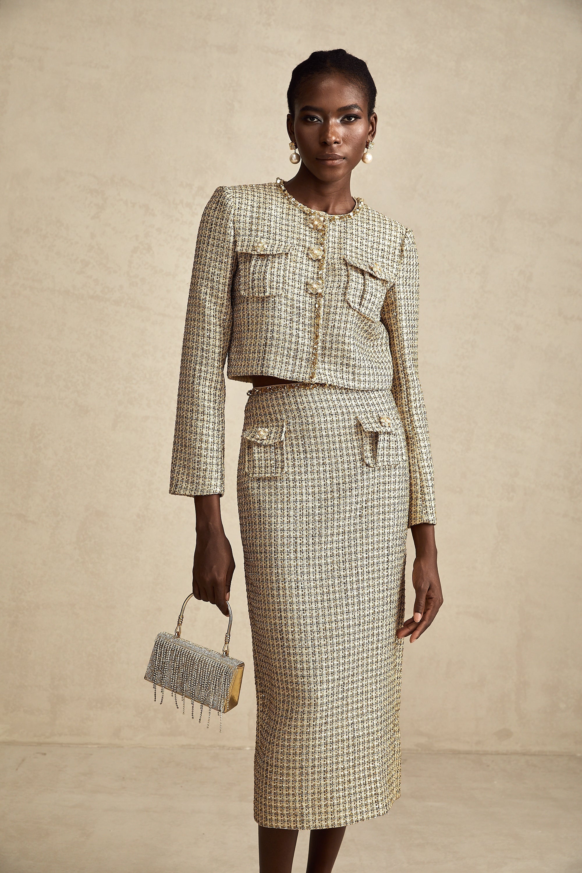 Aëlle Altın Rengi Tüvit Pullu Ceket Ve Etek Kombin Seti