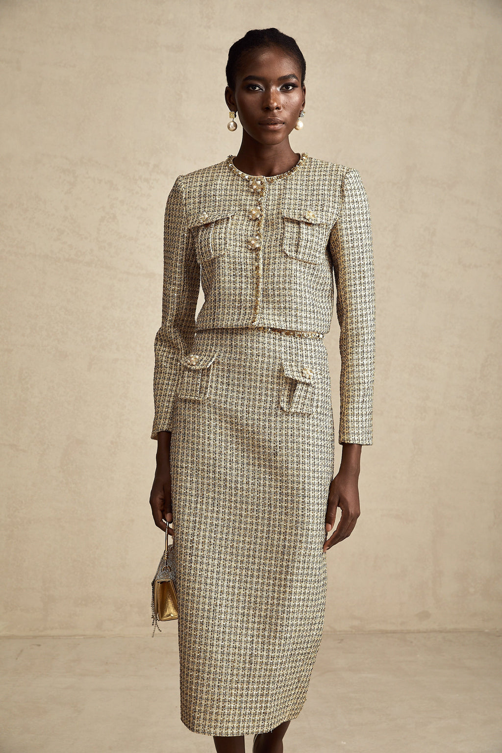 Aëlle Altın Rengi Tüvit Pullu Ceket Ve Etek Kombin Seti