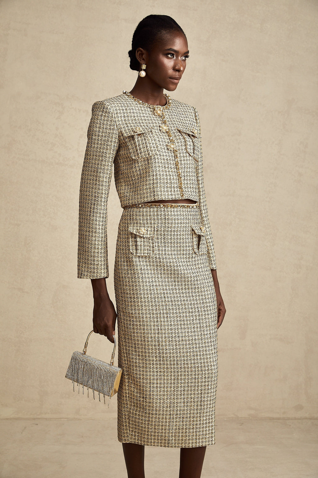 Aëlle Altın Rengi Tüvit Pullu Ceket Ve Etek Kombin Seti