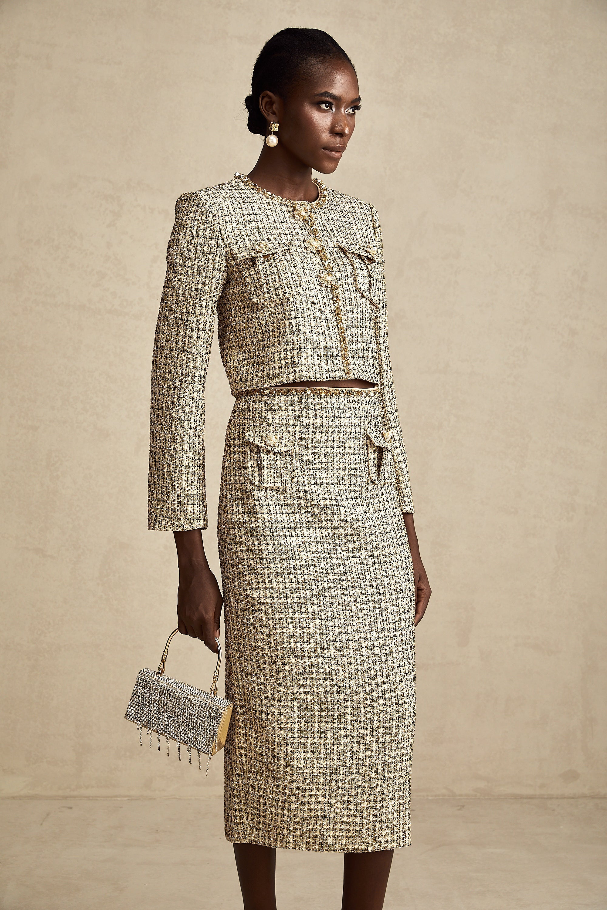 Aëlle Altın Rengi Tüvit Pullu Ceket Ve Etek Kombin Seti