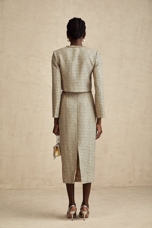 Aëlle Altın Rengi Tüvit Pullu Ceket Ve Etek Kombin Seti