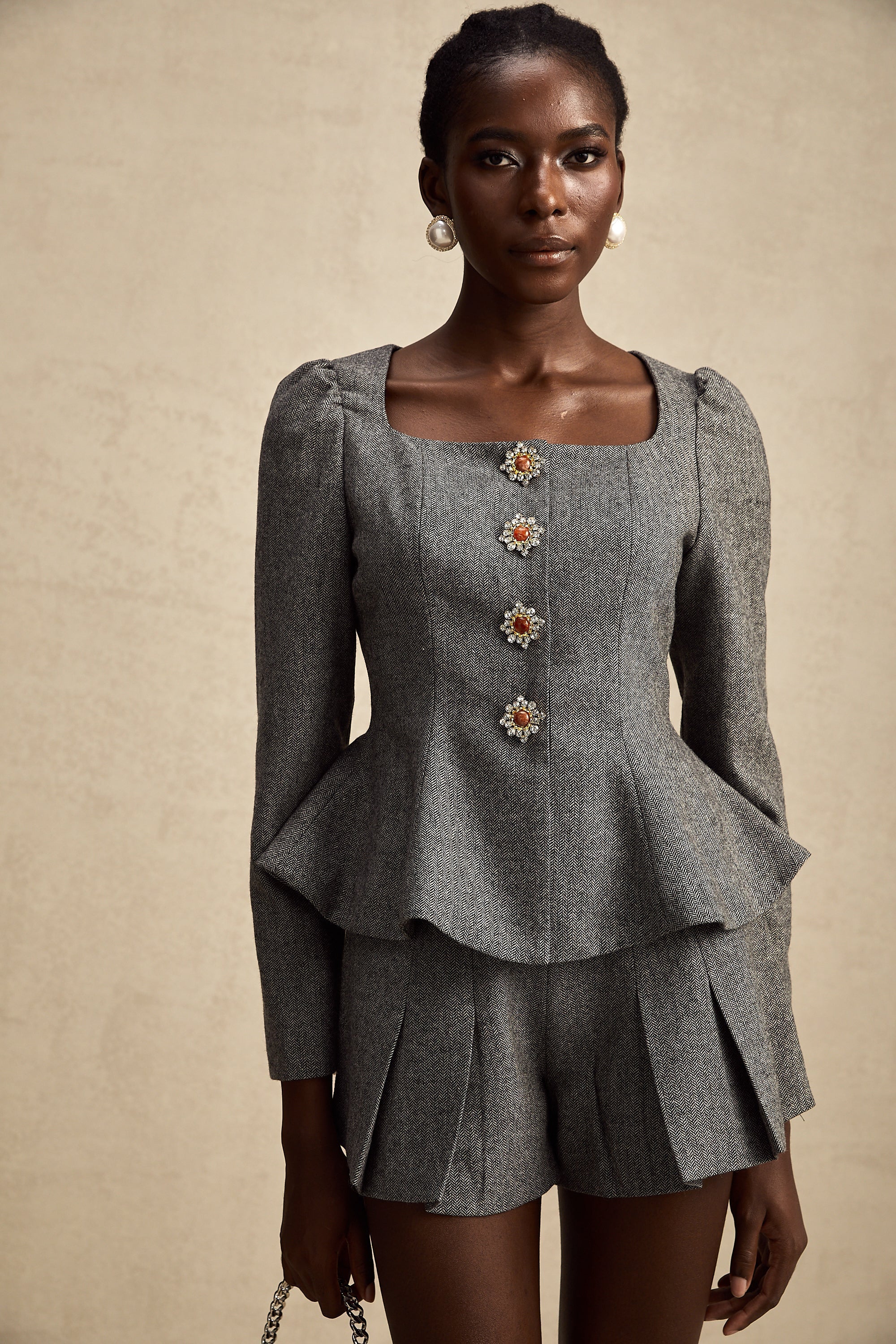 Agathe Gri Balıksırtı Üst Ve Şort Uyumlu Takım