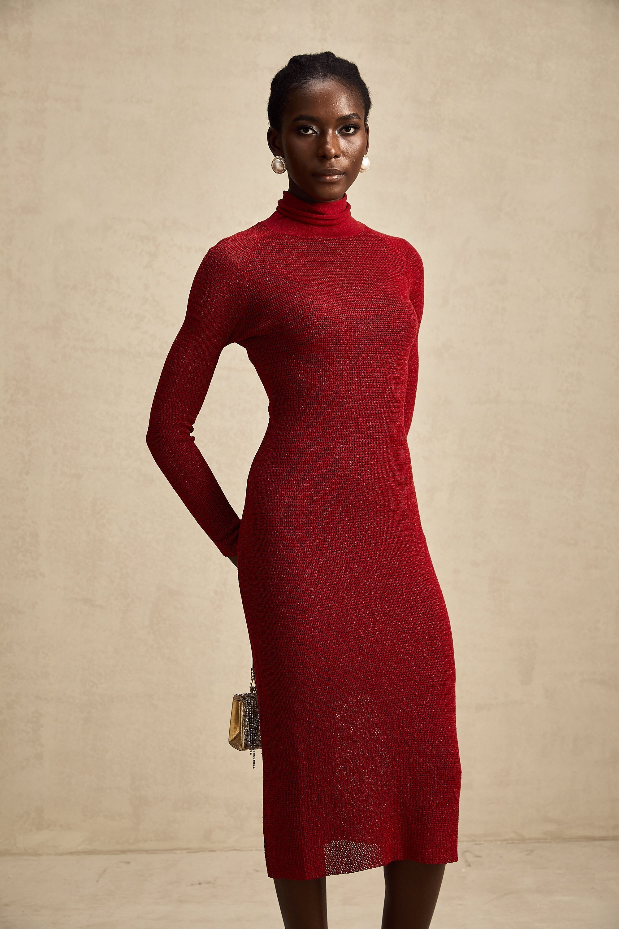 Arianee Kırmızı Metalik Pointelle Midi Elbise