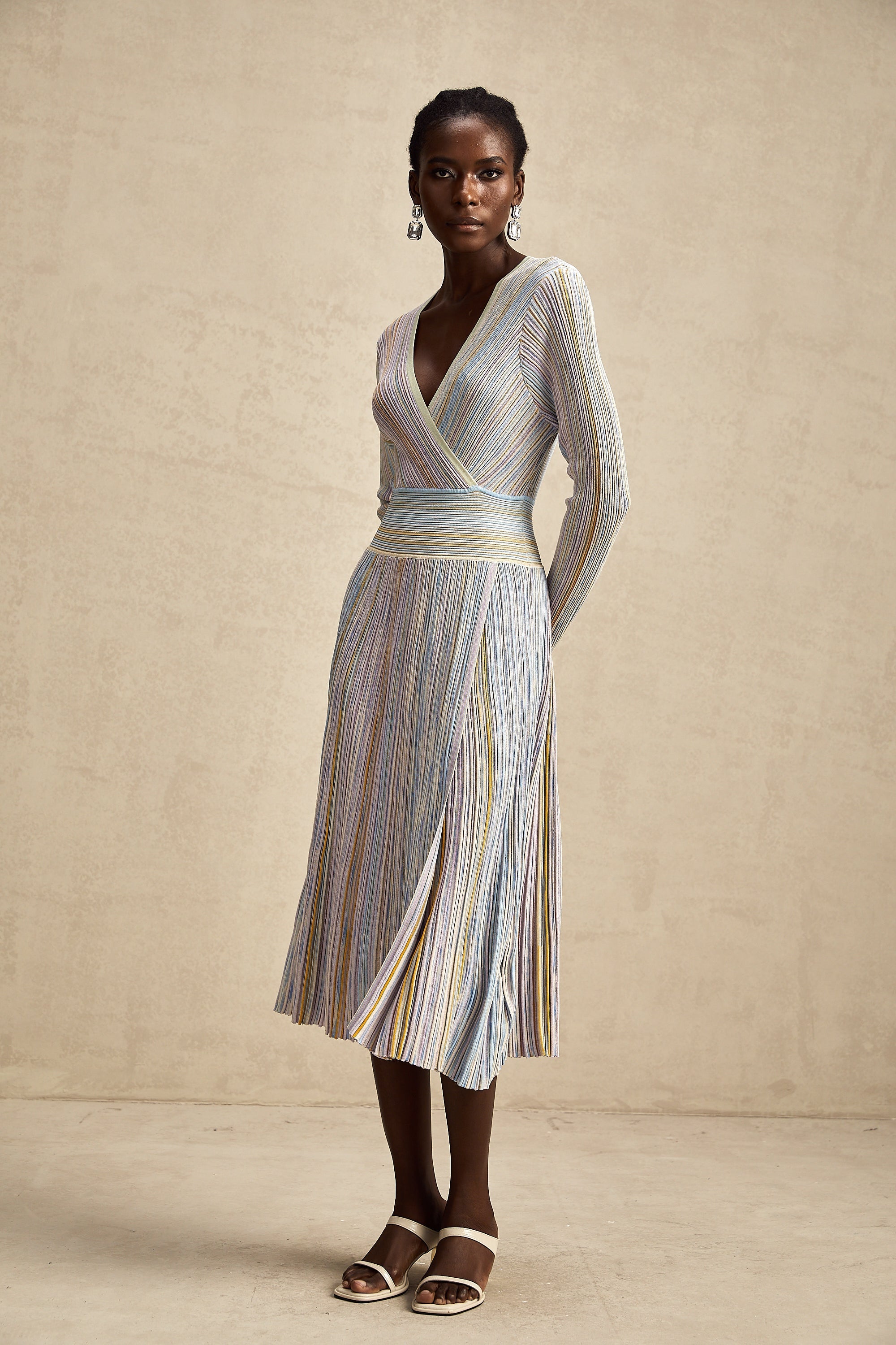 Amélie Dikey Şeritli Örme Midi Elbise