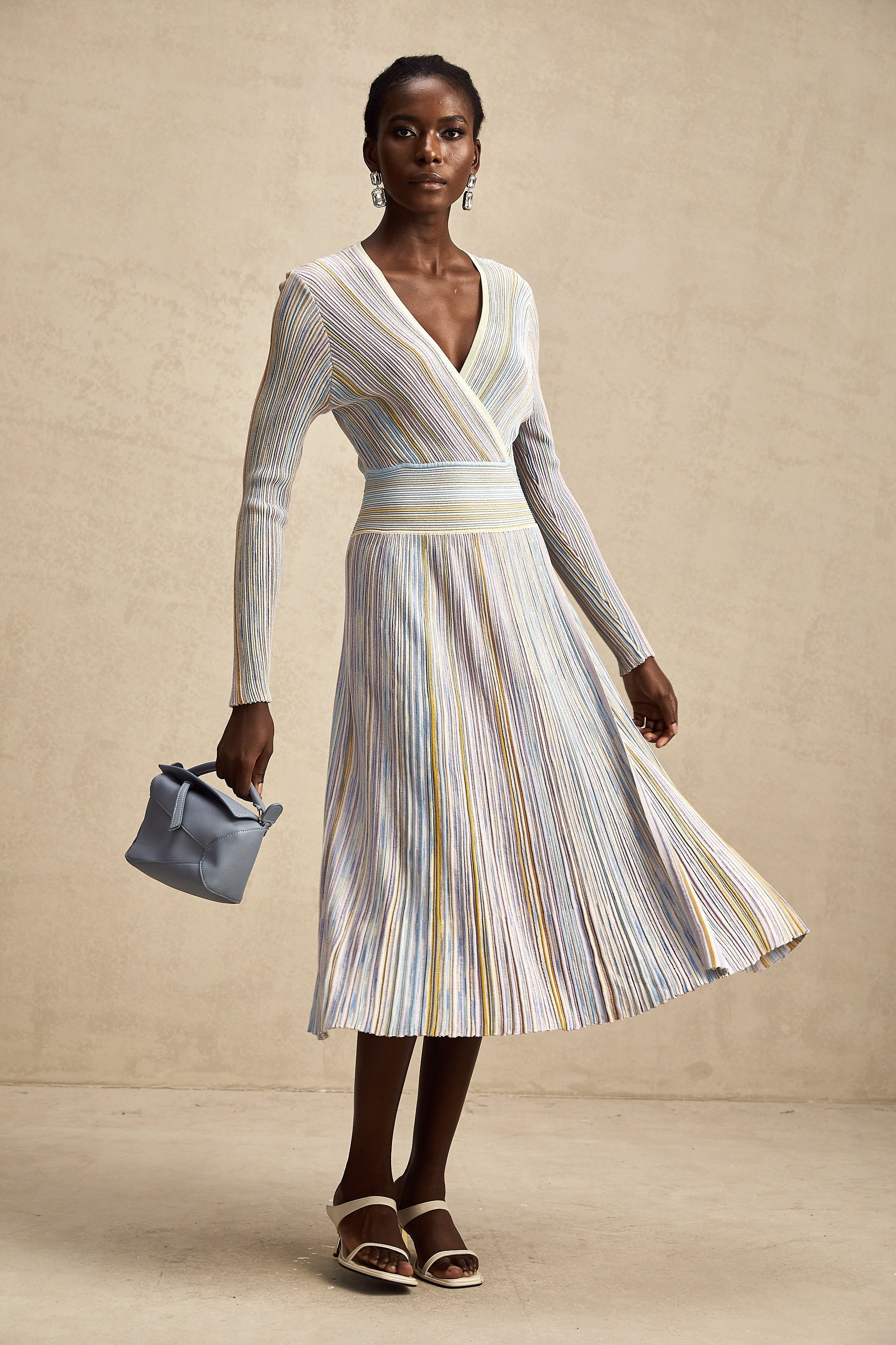 Amélie Dikey Şeritli Örme Midi Elbise