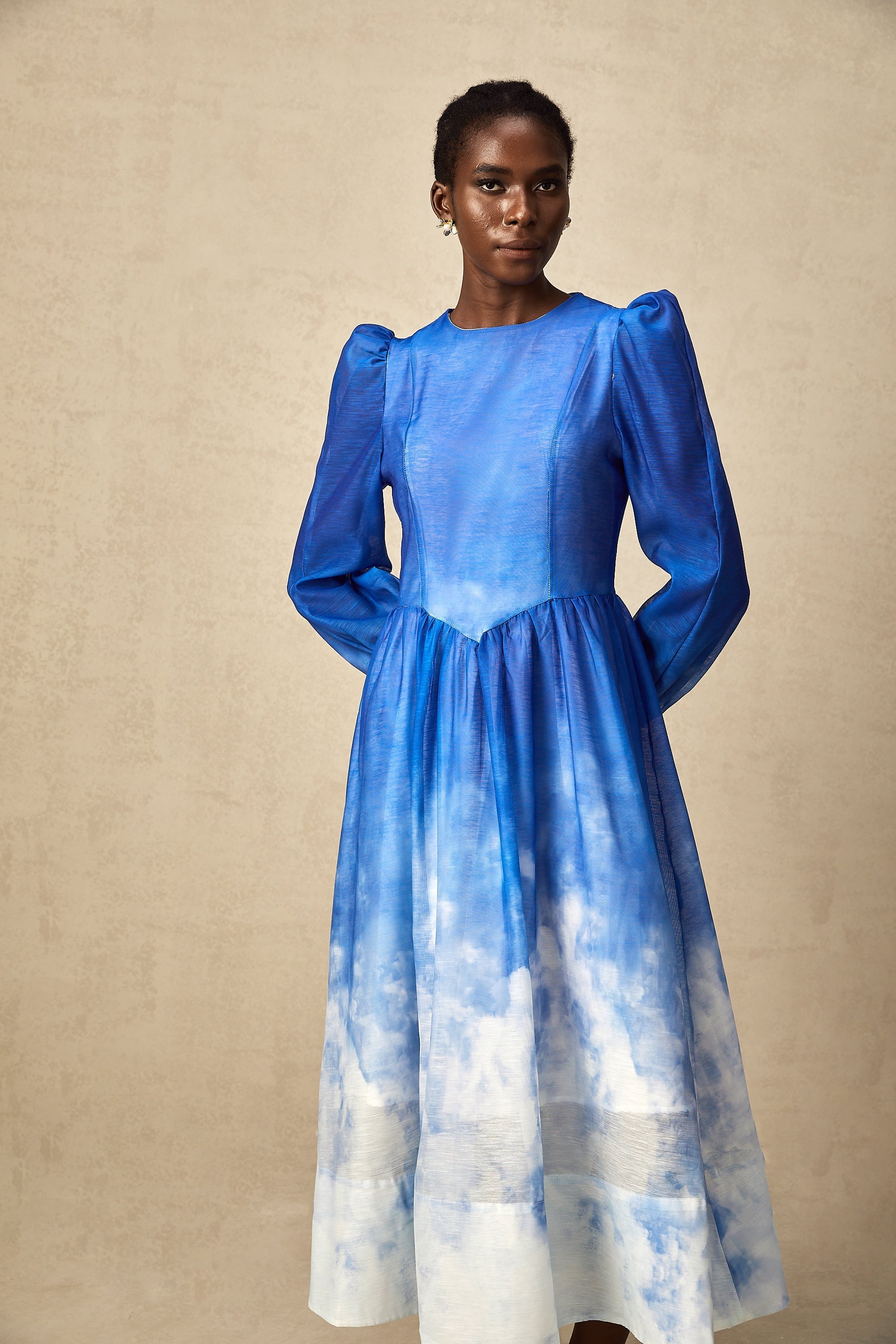 Adonia Mavi Degrade Pileli Midi Elbise