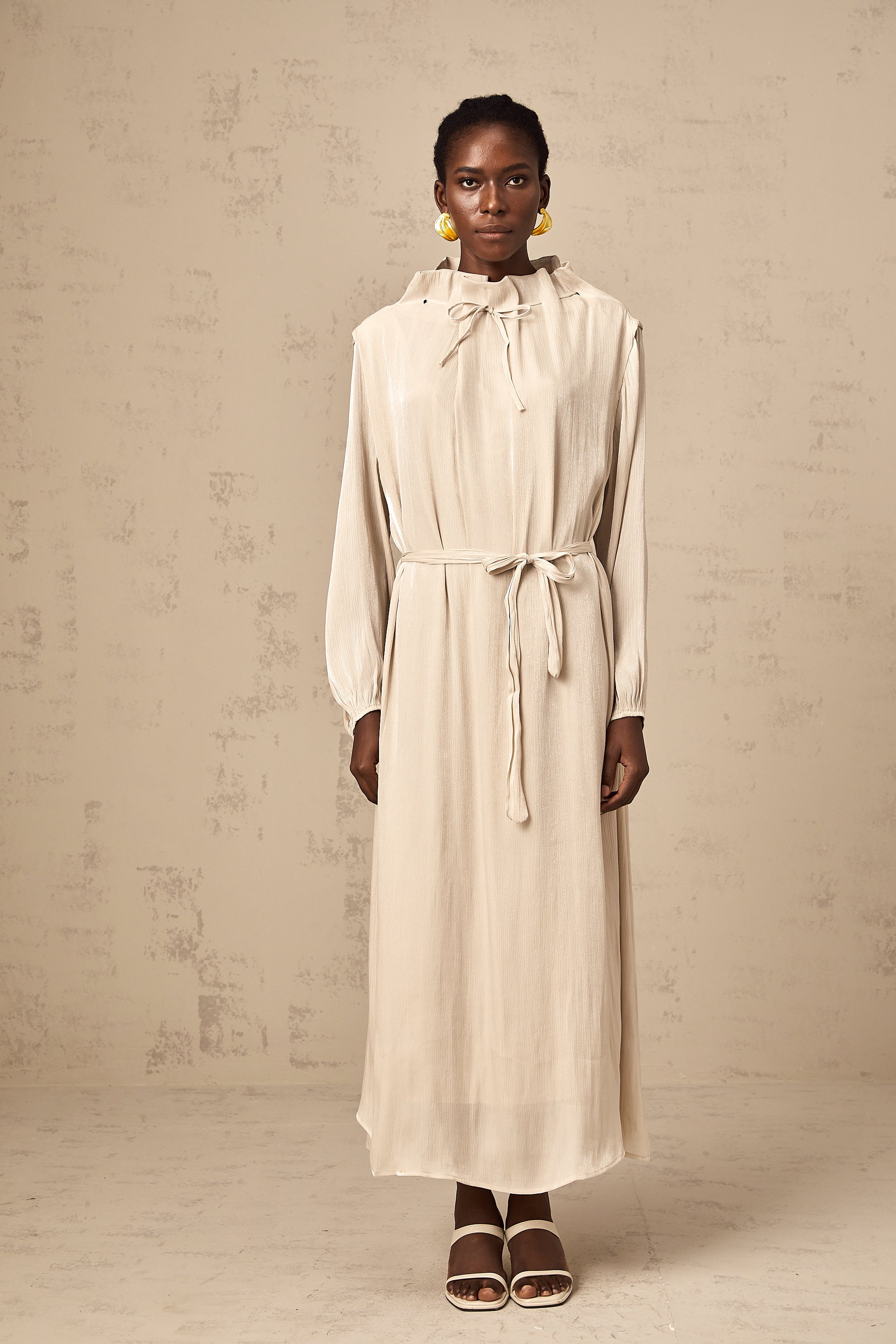 Agata Kendinden Kravatlı Tül Midi Elbise