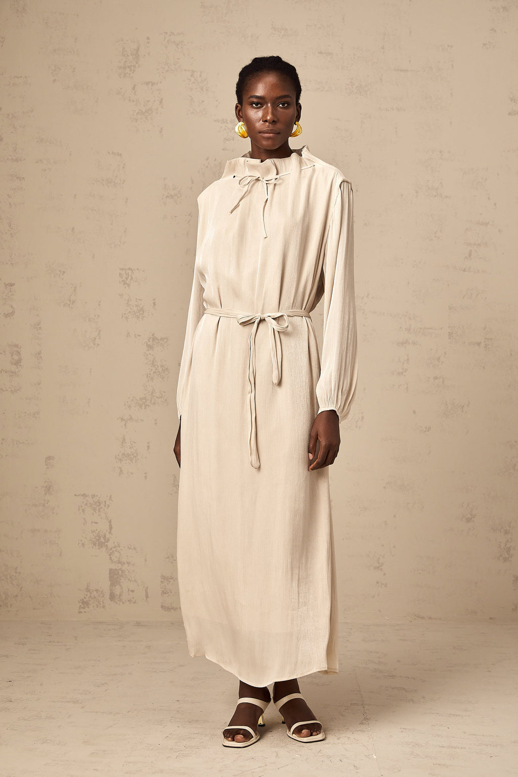 Agata Kendinden Kravatlı Tül Midi Elbise