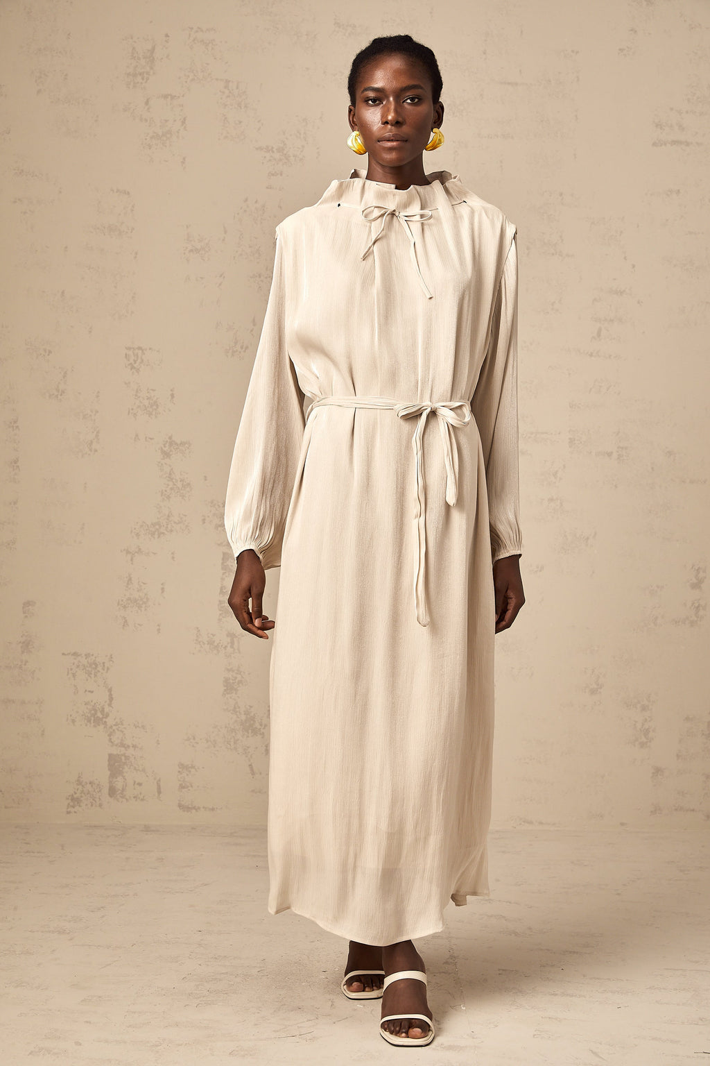 Agata Kendinden Kravatlı Tül Midi Elbise