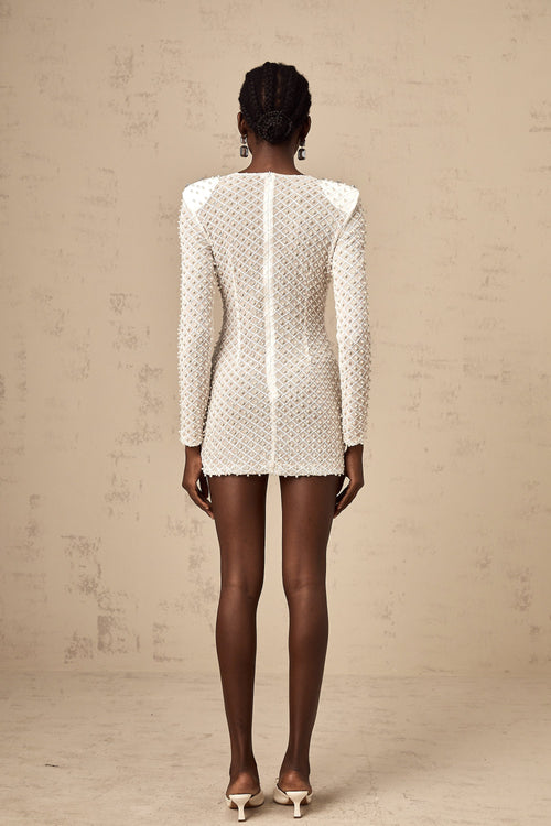 Adalasia Beyaz Kesikli Fiyonk İşlemeli Mini Elbise