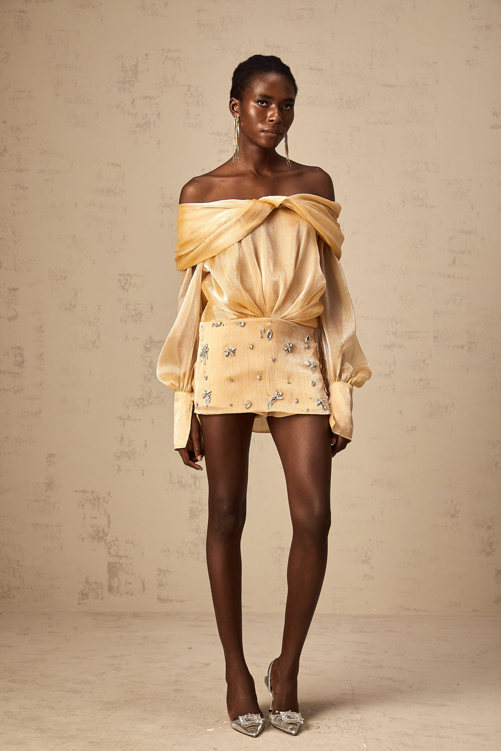 Adelina Altın Kristal Süslemeli Panelli Mini Elbise