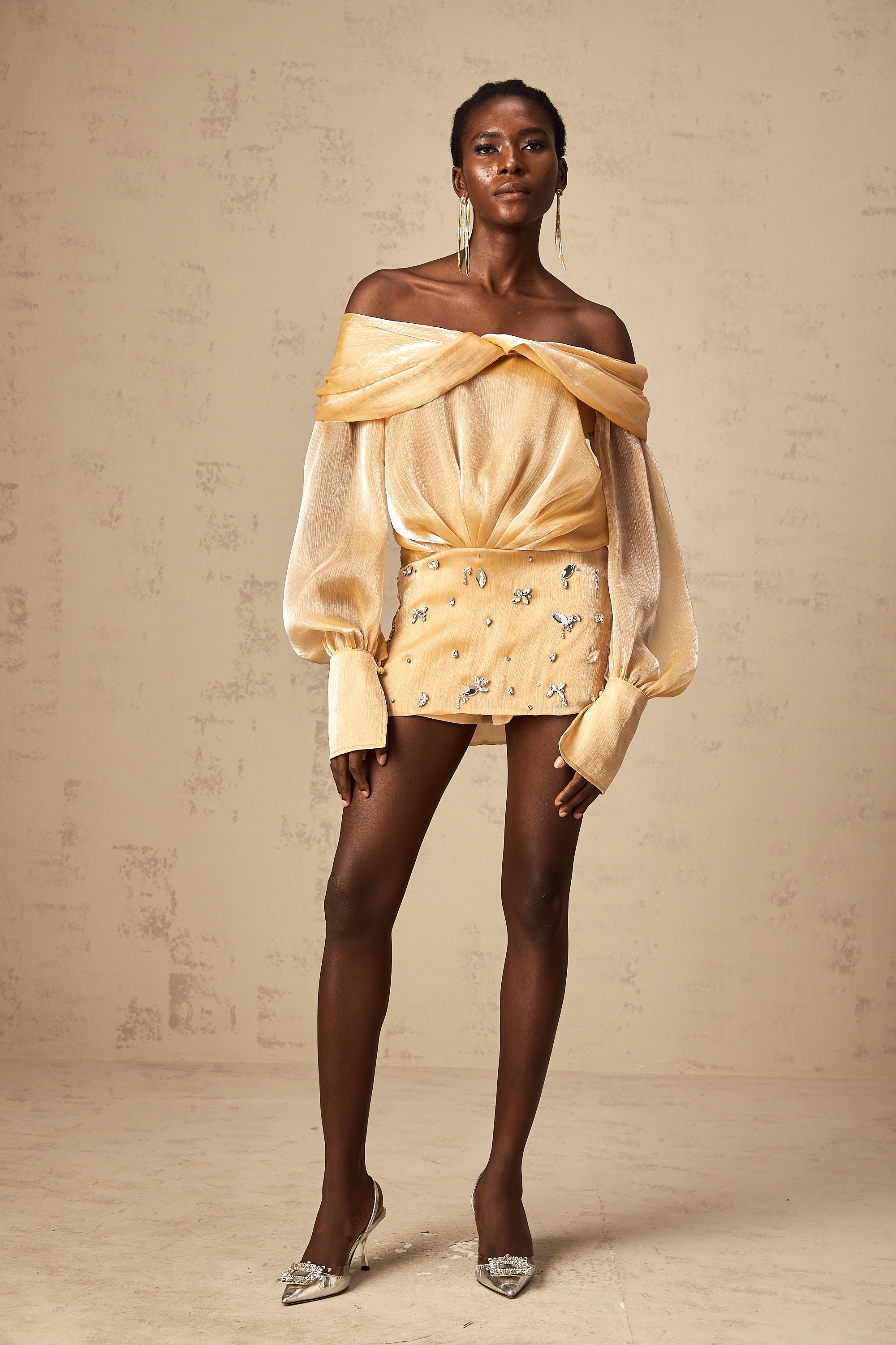 Adelina Altın Kristal Süslemeli Panelli Mini Elbise